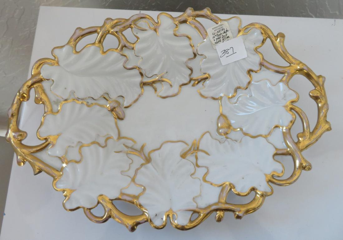 White & Gold Leaf Motif KPM Dish: White & Gold Leaf Motif KPM Dish, 19th century item. Made of porcelain, the item measures 14" x 9". Germany, KPM. Condition: Good, some wear, see images. Shipping: $34.50 w/insurance and signature, do