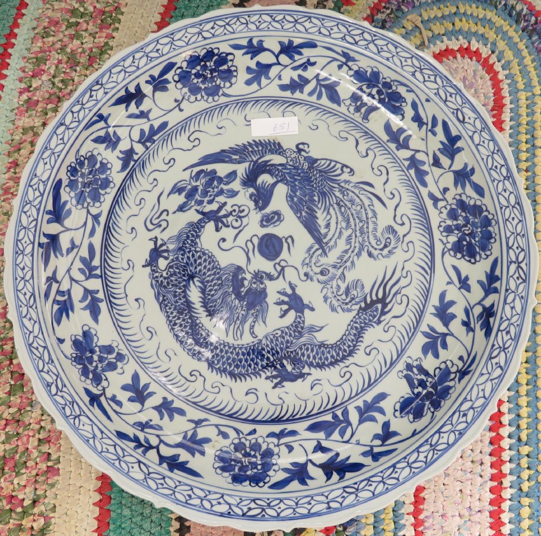 Giant Chinese Platter: Giant Chinese Platter, Ming dynasty item. Made of porcelain, the item measures 26" x 3 1/2". China. Weighs approx. 50 pounds. Condition: Good, see images. Shipping: Will not ship, local pick-up availa