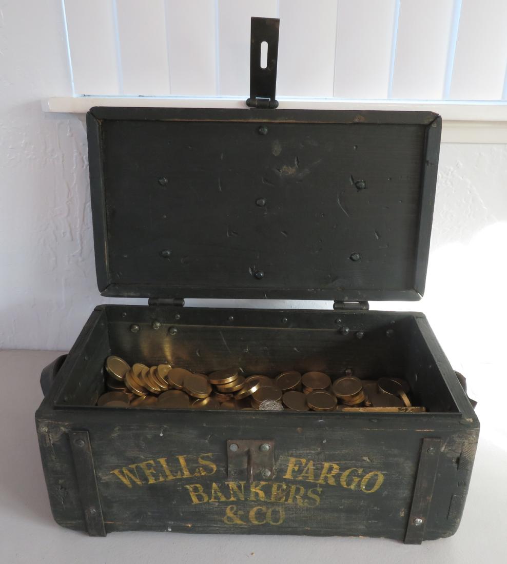 Wells Fargo-style Strong Box w/Faux Gold: Wells Fargo-style Strong Box w/Faux Gold, c. 1960s. Made of iron pyrite, wood, brass, graphite blocks, the item measures 18" x 10" x 8". USA. Wonderful display item, weighs 50+ pounds. Condition: Some
