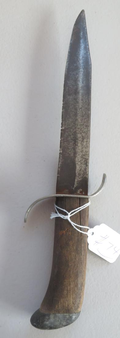 Handmade Fighting Knife: Handmade Fighting Knife, c. WWII period. Made of wood, steel and pewter, the item measures 12" x 3 1/2". USA. Carbon steel. Condition: Minor rust, wear, see images. Shipping: $24.50 w/insurance and si
