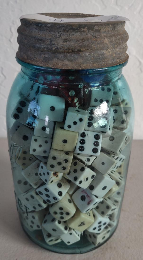 Full Quart Jar of Old Dice: Full Quart Jar of Old Dice, c. 1930s-50s. Made of plastic, bakelite and glass, most items measure 1/2". USA. Quart jar included. Condition: Good, see images. Shipping: $22.50 w/insurance and signature