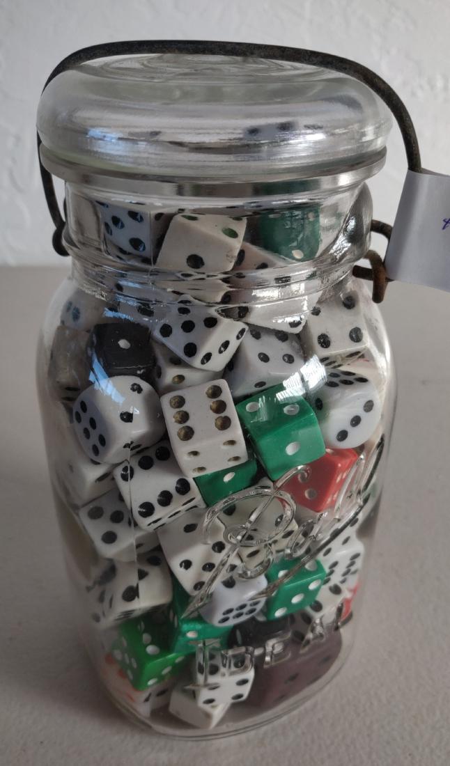 Full Quart Jar of Old Dice: Full Quart Jar of Old Dice, c. 1930s-50s. Made of plastic, bakelite and glass, most items measure 1/2". USA. Ball bottle included. Condition: Good, see images. Shipping: $22.50 w/insurance and signatu