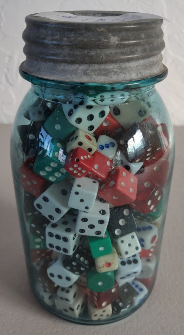 Quart Jar of Old Dice: Quart Jar of Old Dice, c. 1930s-50s. Made of plastic, bakelite and glass, most items measure approx. 1/2". USA. Jar included, many colored dice. Condition: Good, see images. Shipping: $22.50 w/insuran