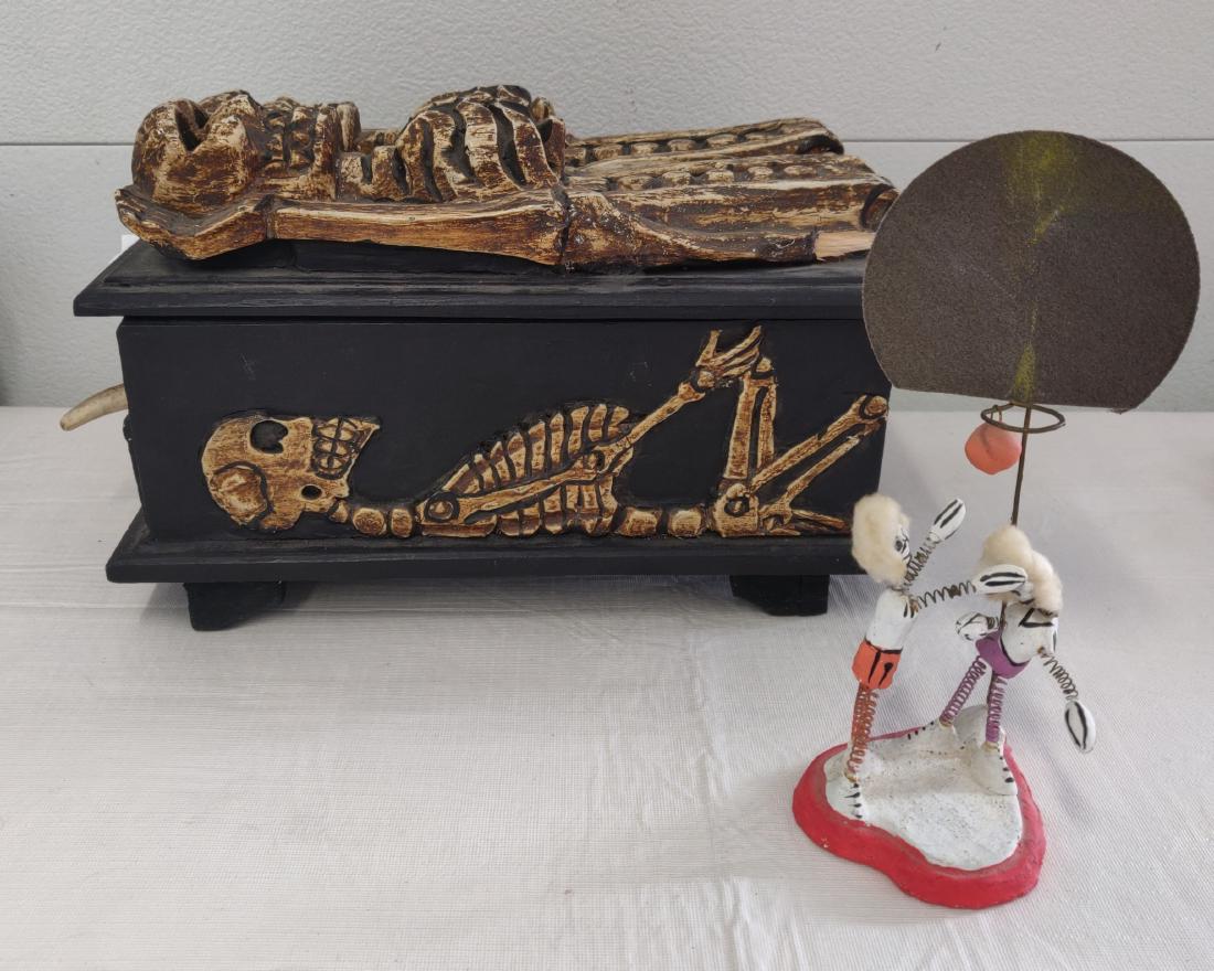 Day of the Dead Dresser Box + Sculpture: Day of the Dead Dresser Box + Sculpture, c. 1940s. Made of wood, paint, glass, nails and metal, the dresser box measures 13" x 7" x 7". Mexico. Has mirror and drawer, included in lot is a Day of the D