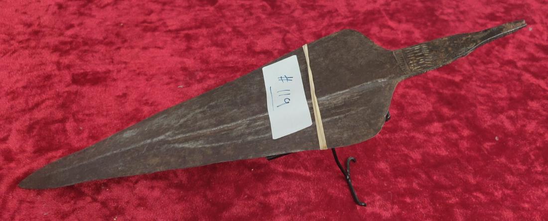 Hand Forged Metal Spear w/Stand: Hand Forged Metal Spear w/Stand, c. 1920s. Made of steel, the item measures 14" x 4". Africa. Condition: Rusty, see images. Shipping: $32.00 w/insurance and signature, due to size and weight.