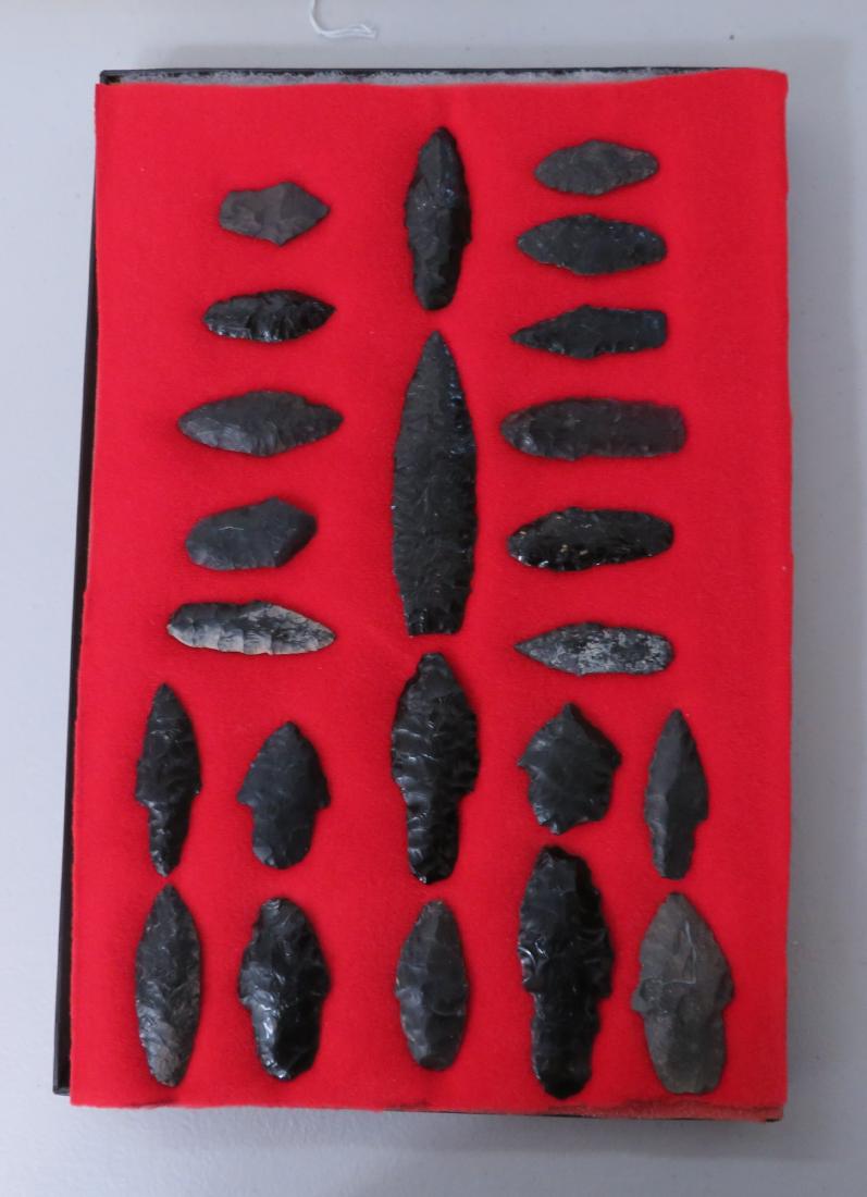 California Obsidian Collection: California Obsidian Collection, pre-historic items. Made of obsidian stone, the items measure from 1 1/4" to 3 1/2". Santa Barbara County, California. Lake Mojave points, very fine. From a 60-year-old