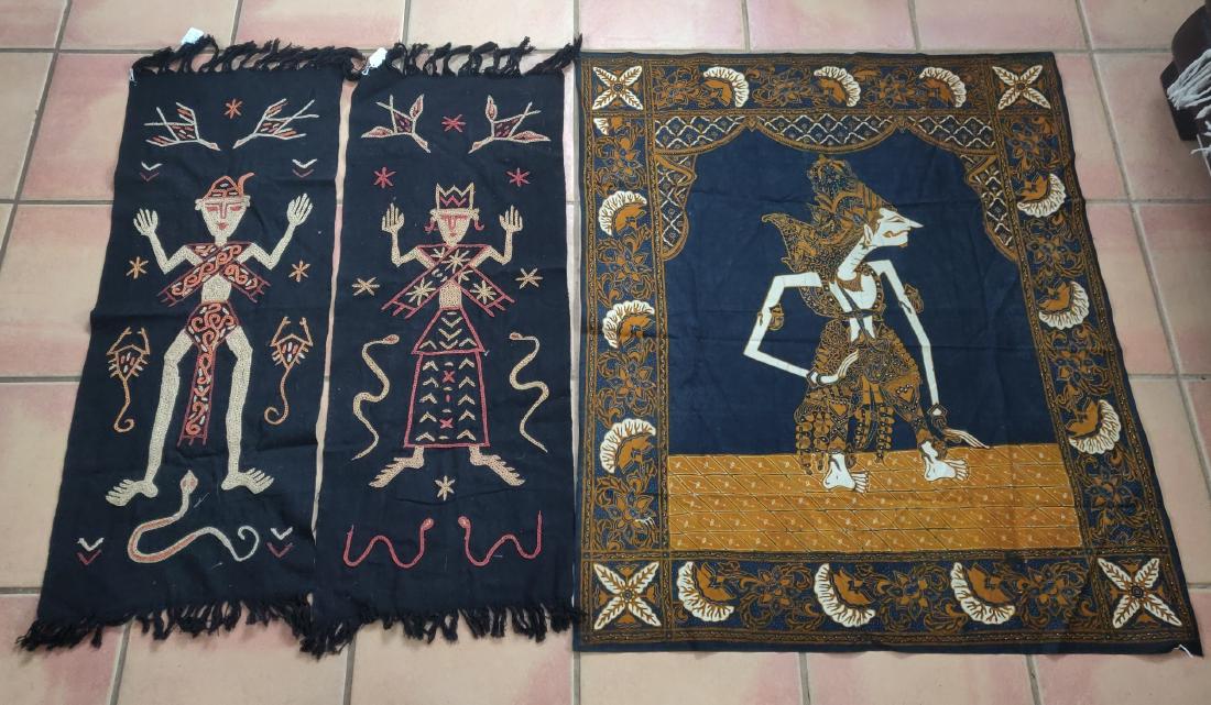 3 Indonesian Weavings: 3 Indonesian Weavings, c. 1940s. Made of cotton and fiber overlay, one item measures 38" x 32", the other two are about 38" x 14". Indonesian, Sumba. Condition: Good, see images. Shipping: $24.50 w/in