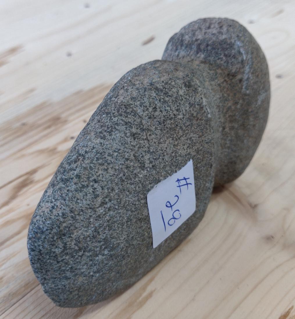 Full-Groove Stone Axe: Full-Groove Stone Axe, pre-historic item. Made of granite, the item measures 5 1/2" x 3" x 2". Randolph County, Indiana. Condition: As found, see images. Shipping: $24.50 w/insurance and signature, du