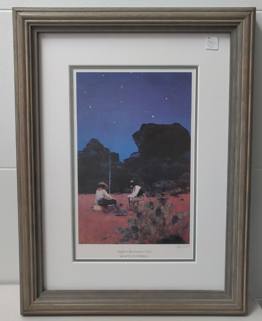 "Night in the Desert, 1902" Print by Maxfield Parrish: "Night in the Desert, 1902" Print by Maxfield Parrish, c. 1980s. Made of glass, wood and paper, the item measures 22" x 16". USA. Maxfield Parrish, numbered print 56/750 with Certificate of Authentici