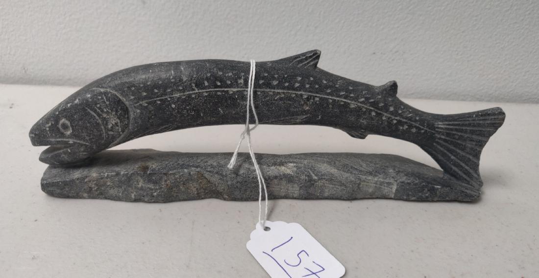 Alaskan Stone Fish Carving: Alaskan Stone Fish Carving, c. 1970s. Made of soapstone, the item measures 8 1/2" x 3" x 1 1/4". Alaska. Condition: Good, minor nicks and scratches, see images. Shipping: $18.50 w/insurance and signat