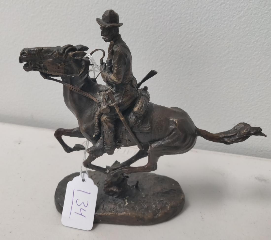 "Trooper of the Plains" Franklin Mint Remington Bronze: "Trooper of the Plains" Franklin Mint Remington Bronze, 1988. Made of bronze, the item measures 6 3/4" x 2 1/4" x 6 1/2". Franklin Mint, Thailand, Frederic Remington. Condition: Good, minor wear, see