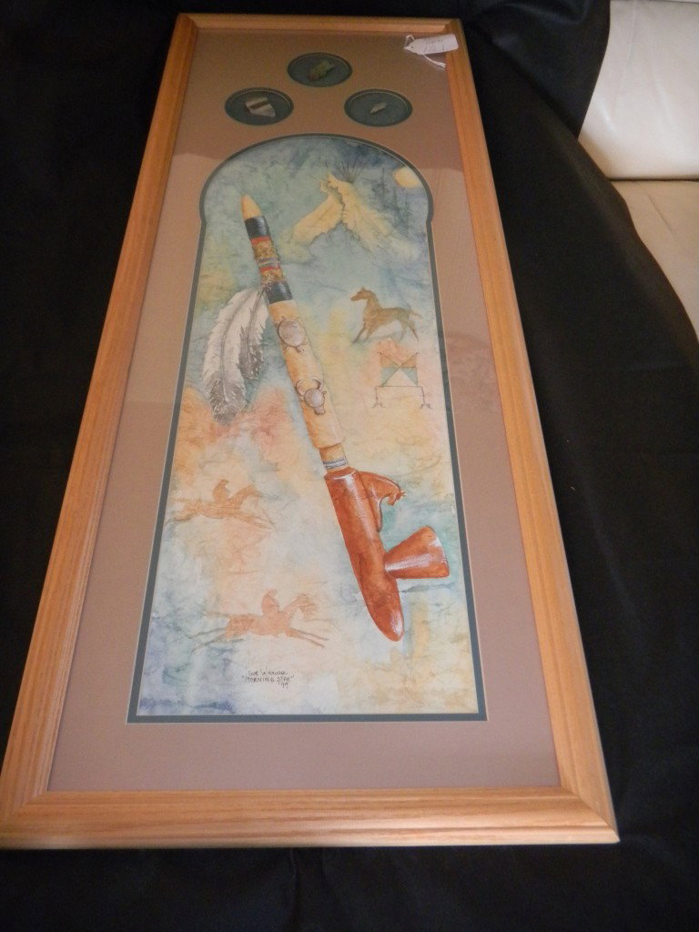 Original Watercolor by Sue Weaver: Watercolor original by Sue Weaver - With frame 42x16 inches Three framed artifacts included copper fragment, arrowhead and pottery fragment - Card on back in indicates Original "Medicine Dog Pipe" Sol