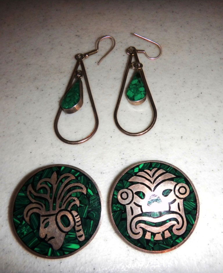 Two Tasco inlaid Silver pendants and earrings: Two Tasco Malachite pins/pendants with earring that reverse from turquoise and obsidian earrings. All Sterling 41 Grams