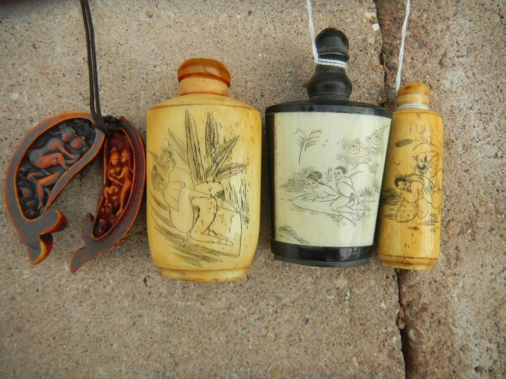 Four Erotic Oriental Items-3 stuff bottles and one: Four erotic oriental items Three bone stuff bottles and effigy fish. Stuff bottles Shipping $12.00
