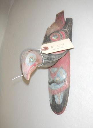 Northwest Coast Carving: Bird and mask, Northwest Coast Carving. This item is painted wood with abalone inlay. Measures 11x5x4 inches and believed to be the upper portion of a raven rattle. Circa 1940. Shipping $15.00
