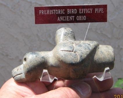Stone Effigy Pipe Bowl: Bird Effigy Stone Pipe Bowl approximately 2 x 4 inches. Old plaque indicates Ohio from 1890 or older 2 x 4 inches. Good condition with glue on stem opening