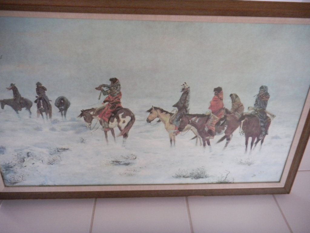 Print: Lost in Snow Storm by C. Russell. This is a lithograph on canvas. Measures 35x20 inches. Shipping $30.00