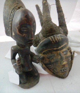 Luba Figure and Pende Mask from Africa: Two items a Luba Figure measuring 12 by 4 inches and the Pende Mask is 16 inches by eight inches. Condition is Good some paint loss because of age