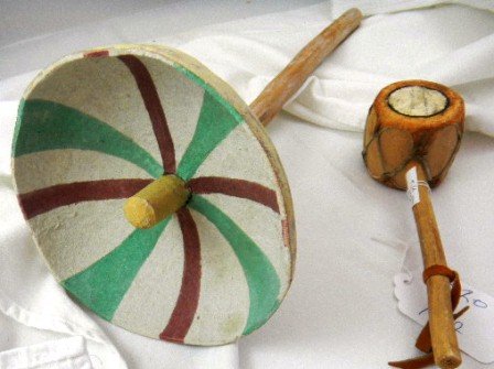 Pueblo Indian Wand and rattle: Pueblo Indian Wand and rattle, Measuring 9 inches for rattle and wand is 16 inches. Circa 1950. Good condition. Shipping $14.50