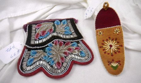 Iroquois Double face bag 7 x 7 inches with document: Iroquois Double Face beaded bag with documentation seven by seven inches and Moose Hide wall pocket with beads and porcupine quills. Some bead loss on beaded bag. Shipping $14.50