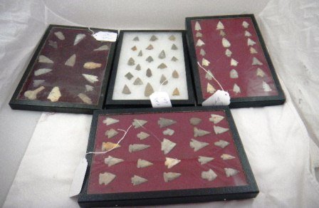Texas Arrowheads: Four 8x12 frames of Texas Arrowheads sold as one group. There is a total of 67 points of one to two inches items are made of flint and chert. Condition as found. Shipping $30.00. Arrowheads are approx