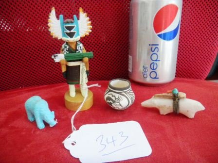 Miniature Collection Four items total: Four miniature items to include Acoma pot which is signed RLS, Hopi Eagle Kachina signed AY. Kachina is holding quiver of arrows, Turquoise bear carving with a shell fish in mouth and a Fine Zuni Feti
