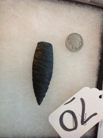New Mexico Agate Basin Point w/docs: Arrowhead Frame with Riker Mount and Buffalo Nickel with one obsidian agate basin measuring 2 and 3/4 inches, found in Albuquerque Mountains by previous owner. This item is pictured on page 22 of Hoth
