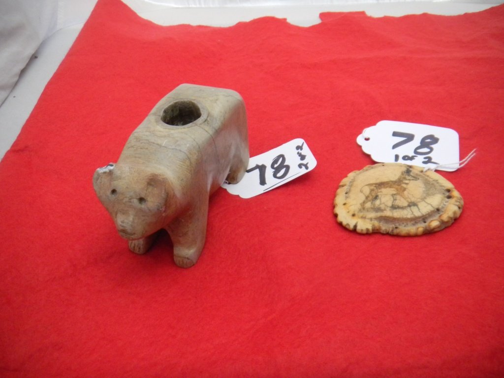 Two Items - Bear Pipe Elk Horn Carving: Pueblo Bear Pipe from New Mexico with damage on one ear. Pipe measures 4 1/2 by 2 1/2 inches. The Elk Horn Carving is about 3 by 2 1/2 inches. Pipe early historic. Carving about 1920. Shipping $18.00