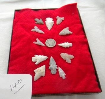 Quartz Bird Points, New Mexico w/documentation: Arrowhead Frame with Ricker Mount and Buffalo Nickel. This frame contains 12 one chert and quartz bird points measuring 1 to 1 1 and 1/2 inches. These items were found in Santa Fe area, New Mexico. Th
