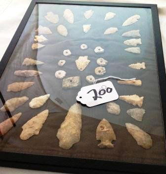 Large Frame of Points and Shell Beads from Georgia: Large Frame of 30 quartz and chert points and 9 beads from Georgia. The points measure 1 to 3 inches. These items are as found. Shipping $25.00