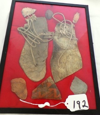 Sandals & Flint Artifacts: Sandals & Flint Artifacts of Apache County, Arizona. Sandals appear to be early historic. Condition: As Found. Shipping: $30.