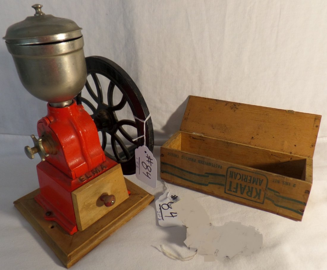 Vintage Coffee Grinder & Cheese Box: Vintage Coffee Grinder & Cheese Box. Vintage Elma 1930s coffee grinder, made in Spain. Measures 12" x 6.5" x 6.5". Kraft cheese box measures 9.25" x 3" x 3". Condition: Very Good. Shipping: $30.