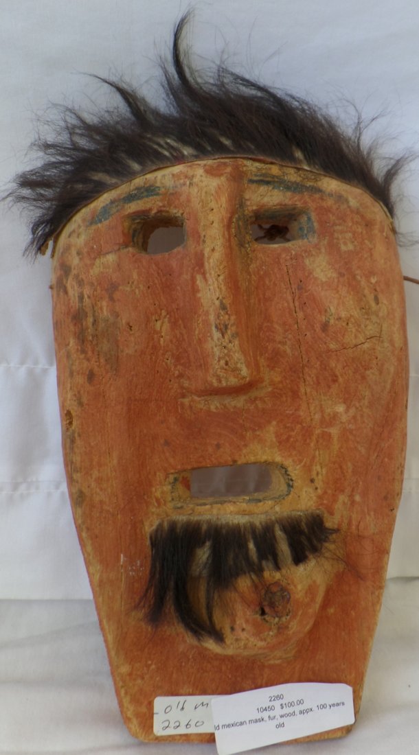 Antique Mexican Dance Mask: Antique Mexican Dance Mask, circa 1920s. Made of Balsa wood, hide, chord, fur and iron oxide paint. Measures 12" x 7" x 2". Tarahumara tribe, Mexico. Good old tribal Mexican mask. Very primitive, fur 
