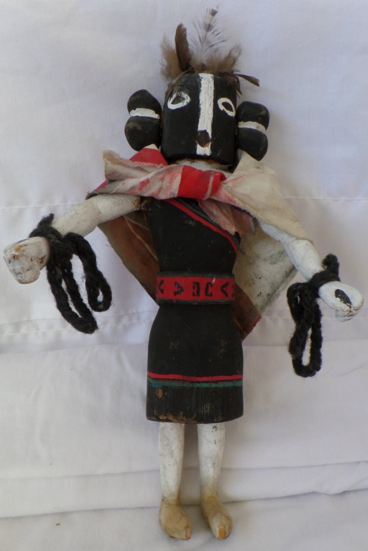 Hopi Kachina Doll: Hopi Kachina Doll, circa 1940s. Made of cottonwood, hide, wool and cotton. Measures 9" x 6". Hopi tribe, northern Arizona, USA. Features black, red, and white colors. From the private collection of Re