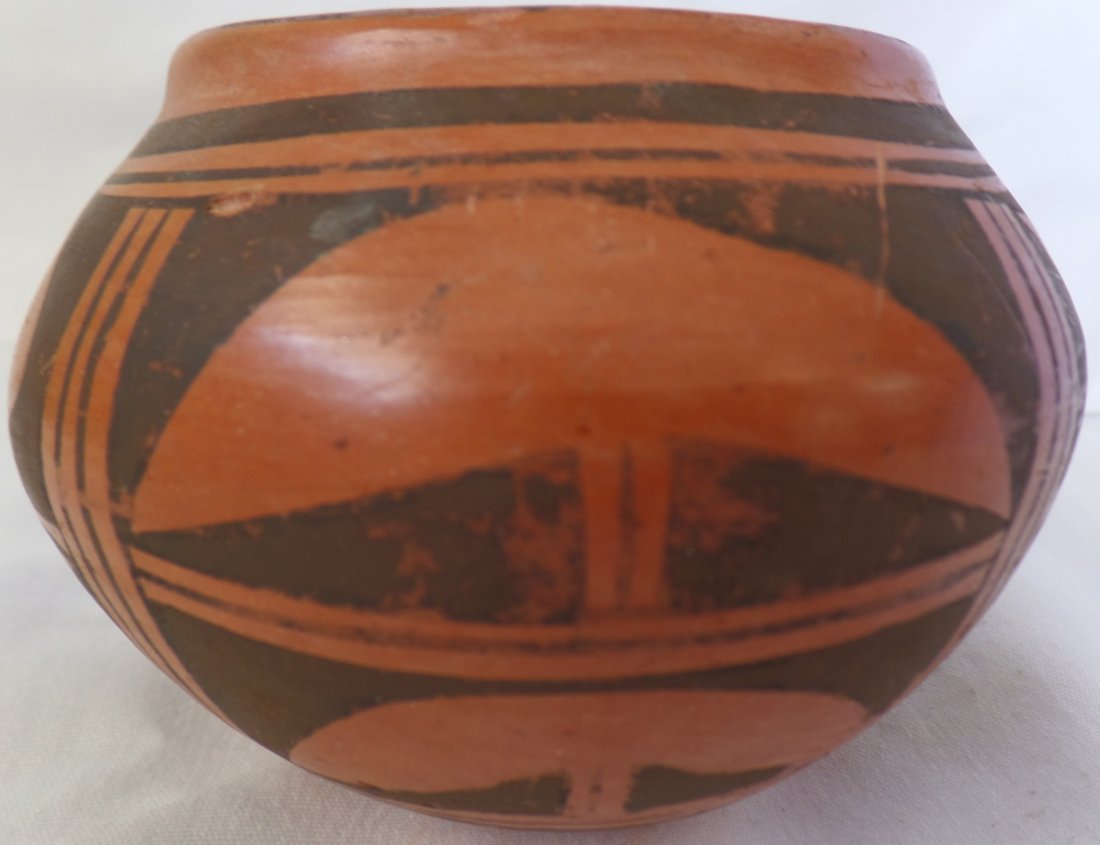 Old Hopi Olla: Old Hopi Olla circa 1920-30. Made of clay and measuring 4" x 3.5". Has red and black paint with a geometric design. Displays well. Hopi tribe, north-central Arizona, USA. From the Richardson collectio