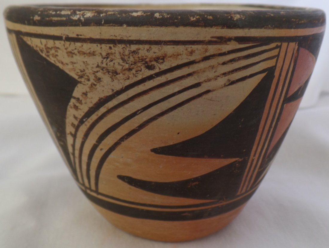 Old Polychrome Hopi Bowl: Old Polychrome Hopi Bowl circa 1930-40. Made of clay and measuring 3" x 3.5". Has brown, beige and red colors. Displays well. Hopi tribe, north-central Arizona, USA. From the Richardson collection. Co