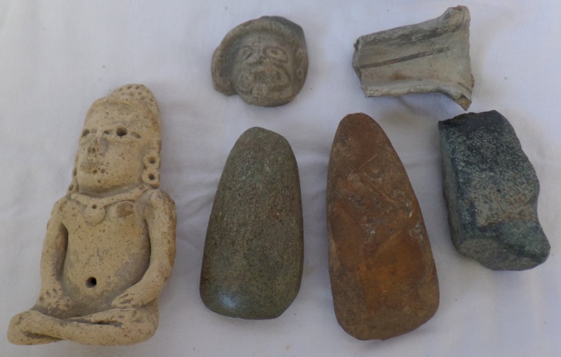 Pre-Columbian Artifact Group: Pre-Columbian Artifact Group, circa 900 A.D. Made of clay and stone. Celts measure 4" long, 3" and 3". Ceramics measure 5" long, 2" and 2". Mexican west coast. Good group of authentic Precolumbian cer