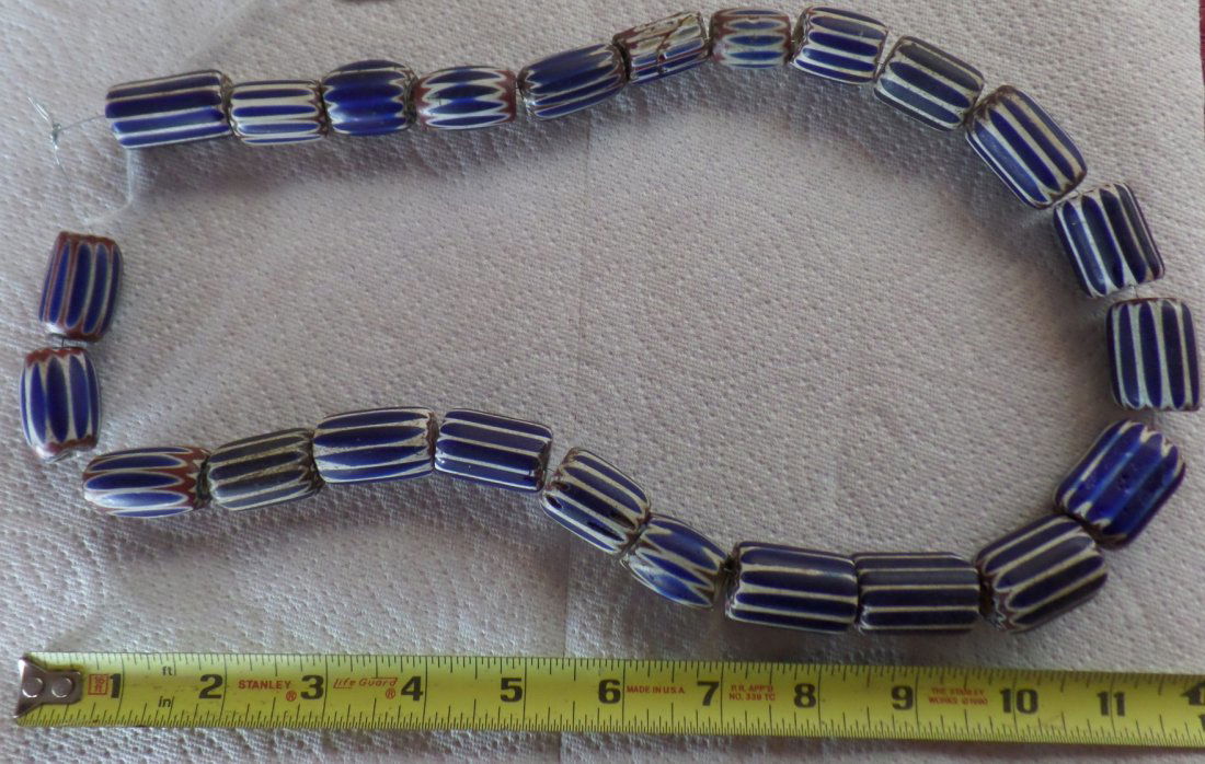 Venetian Glass 1850's Trade Beads: These are early classic large and rare Chevron beads or "star beads". The beads were recovered in Montana and are believed to be from the Crow Indians of Montana. The string consisting of three color