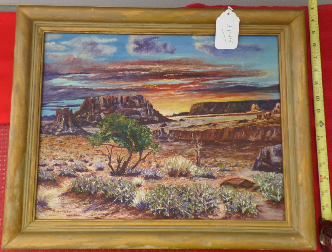 Oil on Canvas Painting: Oil on Canvas landscape painting, desert and sunrise theme. The painting is by R. Docker and measures 14x18 inches without frame. Shipping $25.00
