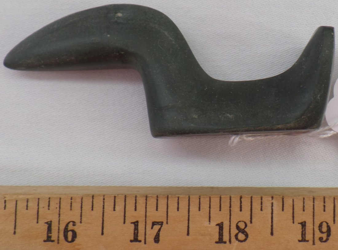 Undrilled Indian Birdstone: Hopewell Undrilled Indian Birdstone which is grey and black slate. This Birdstone measures 4 1/2 x 2 inches. Requires double-box. Shipping $16.