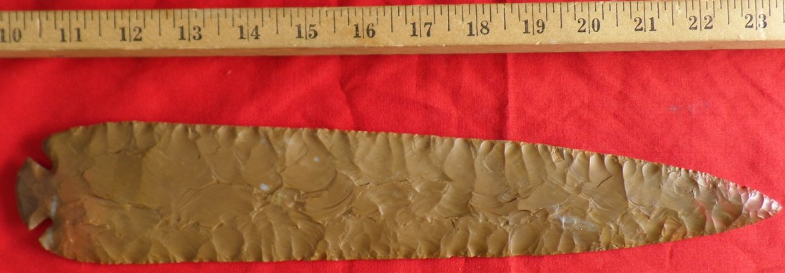 Giant Jasper Spearhead: Early Historic golden, red and white Jasper Spear Head. This Cherokee item measuring 14 x 2 3/4 x 1/2 inches is the largest jasper spear I have owned. Shipping $40.00.
