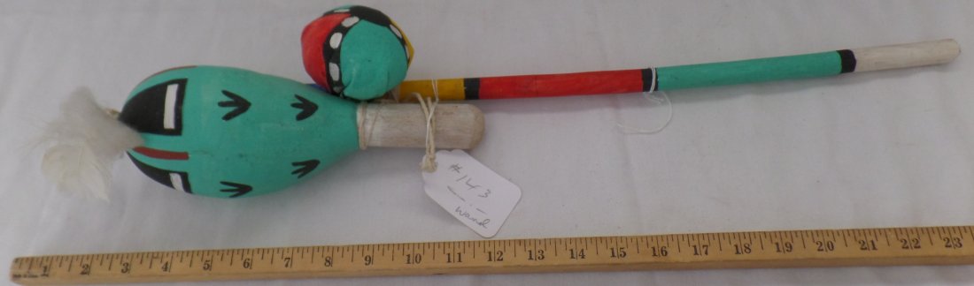 Hopi Dance Wand with Rattle and Medicine Bundle: 1940's Hopi Dance Wand made from cottonwood, string, gourd and cloth. This dance wand and rattle set are painted with bright colors and measures 22 x 9 x 3 inches. Great item with rattle and medicine 