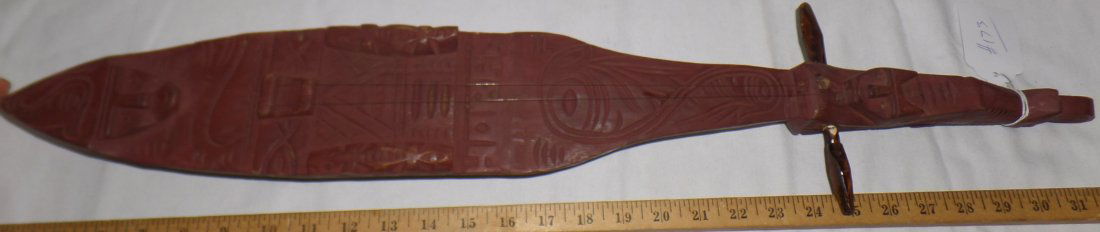 Pacific Rim Violin: Fancy carving on this Pacific Island musical instrument with lizards, bird and human effigies. The violin is from 1940's and measures 29 x 4 x 3 inches. Shipping: $24.