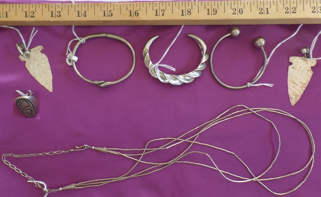 Sterling Silver Indian Jewelry collection: This collection is from various time periods and tribes. The Necklace is 13 inches -, Ball Point Bracelet .75" opening, Ring Size 5. Hand bracelet is 2.5 x 2 inches. And the bracelet with coil type lo