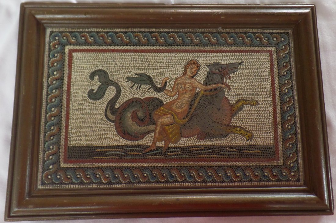 Framed Picture of a Middle eastern woman on a Mythical: Framed picture of a Middle Eastern naked woman on a stylized mythical animal. This item is 1987. We cannot determine the medium; however very intricate and looks to be inlay. The item measures 16 1/2 