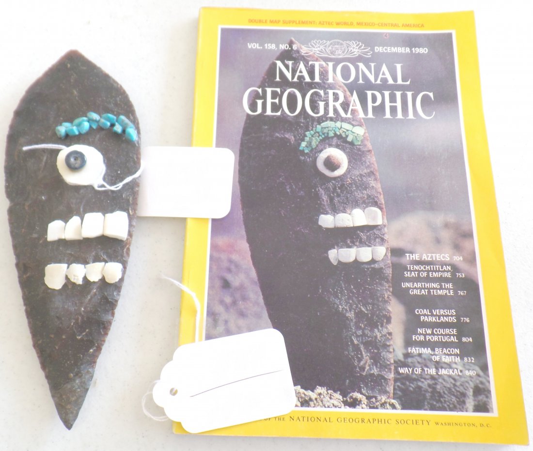 Authentic Aztec Flint Blade: Authentic Aztec Flint Blade. 1400 AD. Quality Brown translucent flint, measuring 8 1/2 x 3 x 1/2 inches. Item is from Central Mexico. Minor Restoration of one inch on the small end. Shell and turquois