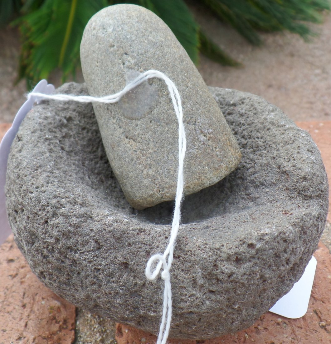 California Mortar & Pestle: California Mortar & Pestle, prehistoric. Made of granite. Mortar measures 3" x 4.5" and pestle measures 2.75" x 1". Southern California, probably Chumash. Condition: Good, as found. Shipping: $14.50.