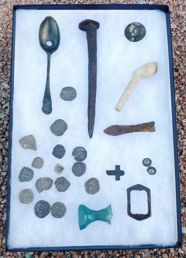 Authentic Pirate Treasure - Silver - Cobbs - Real: Authentic Pirate Treasure - Silver - Cobbs - Real. The silver cobb coins are from 1600s-1700s. This lot contains silver, iron, clay, bronze and glass. There is a 6" iron spike, a 2.5" iron spear point