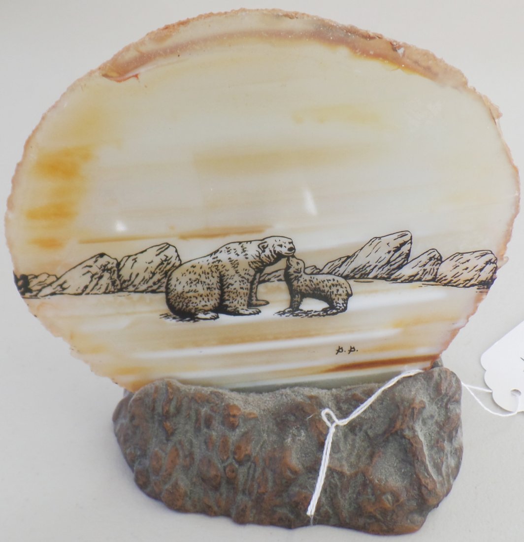 Eskimo Painting on Agate: This is a modern Eskimo Painting on agate measuring 6x6x2 inches. Nice Painting of Mother Polar bear and baby. Shipping" $14.00