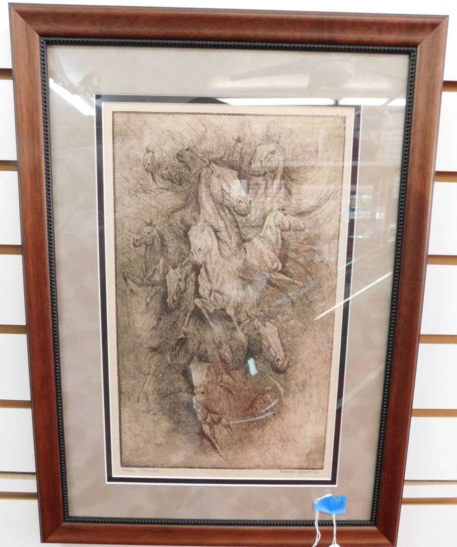 Signed and numbered print by Robert Freeman: This Robert Freeman print is beautifully matted and framed. The title of the picture is Stallions and it is no. 42 of 93. This picture is in very good condition and ready to hang. Robert Freeman is li